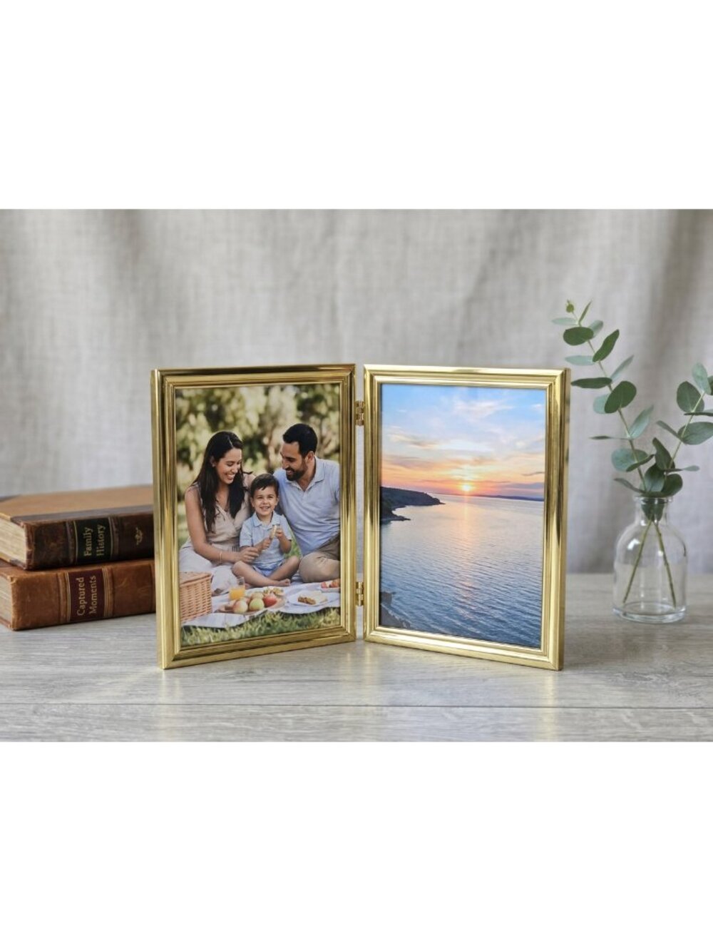 Vintage Photo Frame Hinged Gold Tone Metal Double 5X7 MCM Hollywood Regency